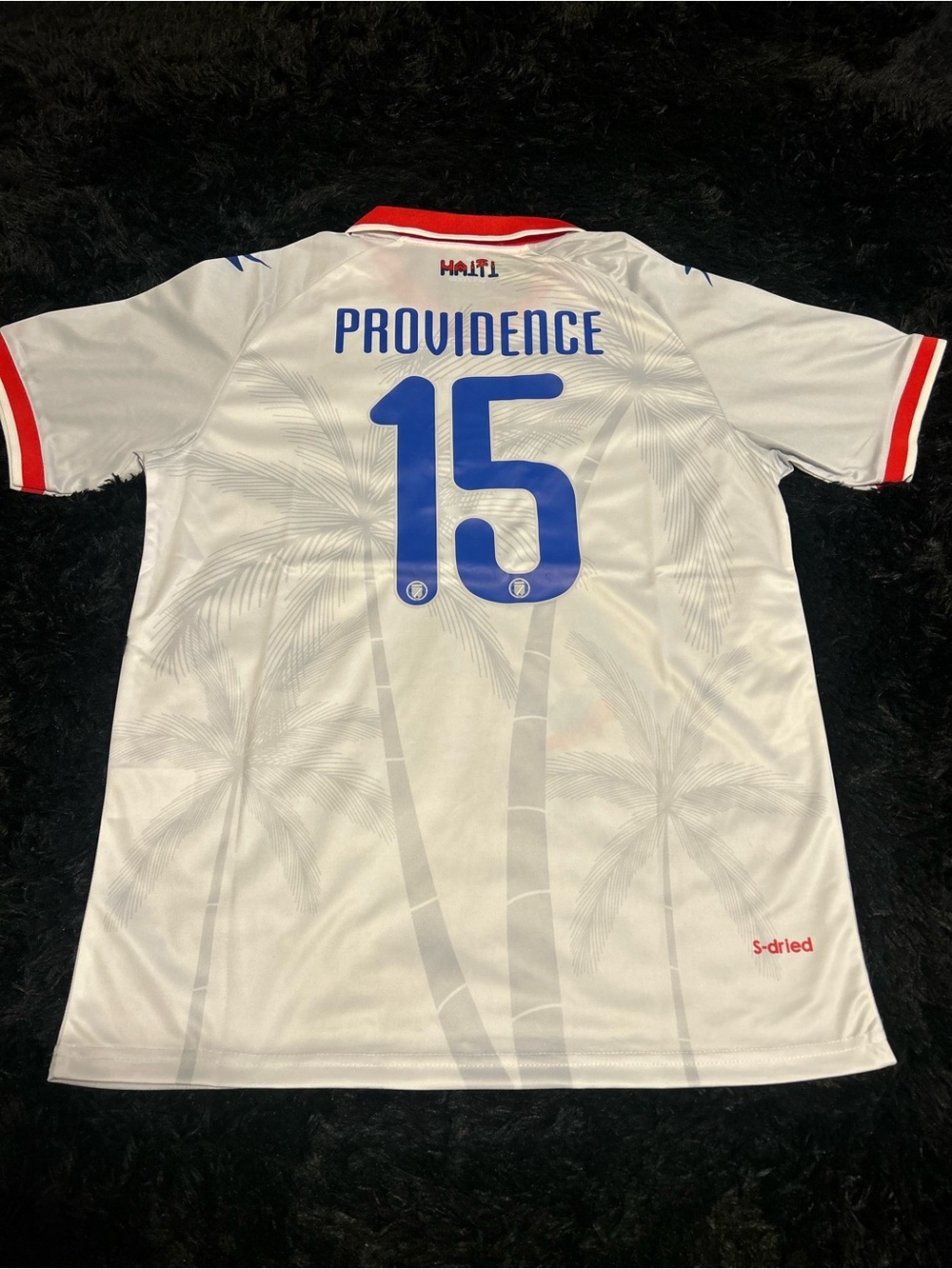 Providence #15 White Men's Soccer Jersey with Blue Number and Red Trim